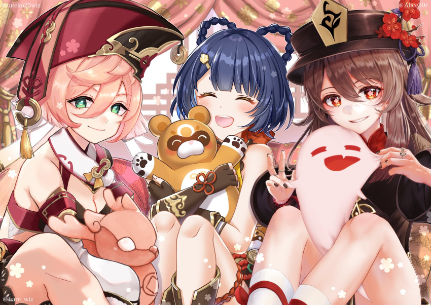 3girls, black_nails, blue_hair, blush, brown_hair, chinese_clothes, closed_eyes, flower