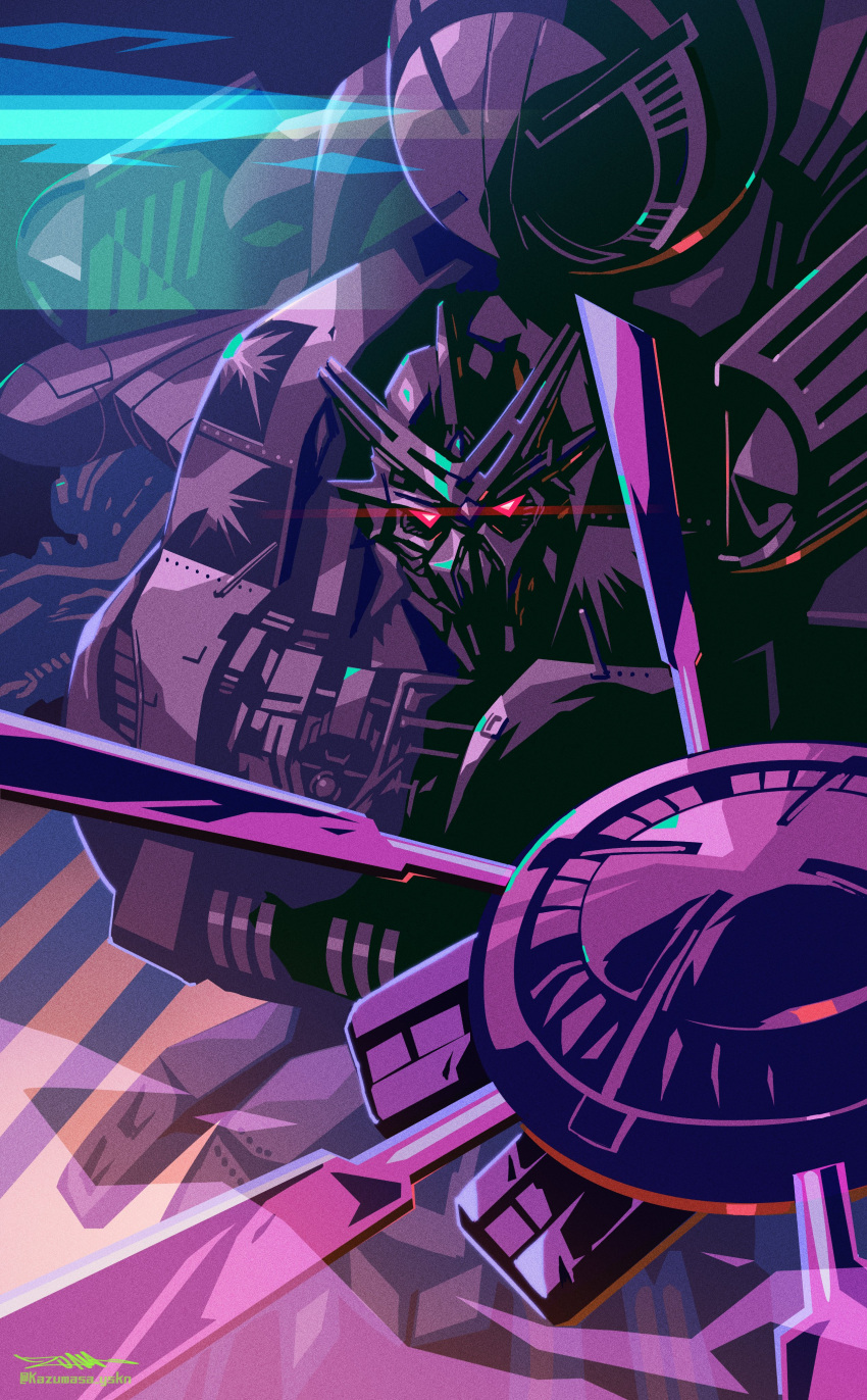 absurdres, blackout_(transformers), decepticon, glowing, glowing_eyes, highres, looking_at_viewer, mecha, open_hand, propeller, red_eyes, robot, science_fiction, solo, transformers, transformers_(2007_film), transformers_(live_action), v-fin, yasukuni_kazumasa