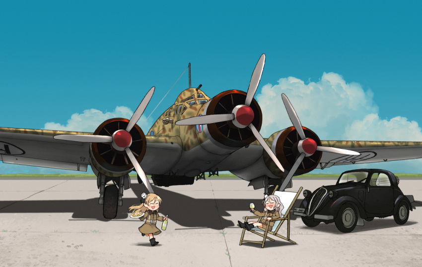 2girls, aircraft, aircraft_request, airplane, annin_musou, blue_sky, bottle, camouflage