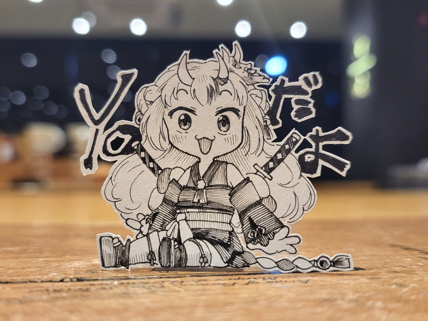 1girl, :3, chibi, greyscale, highres, hololive, horns, ink_(medium)