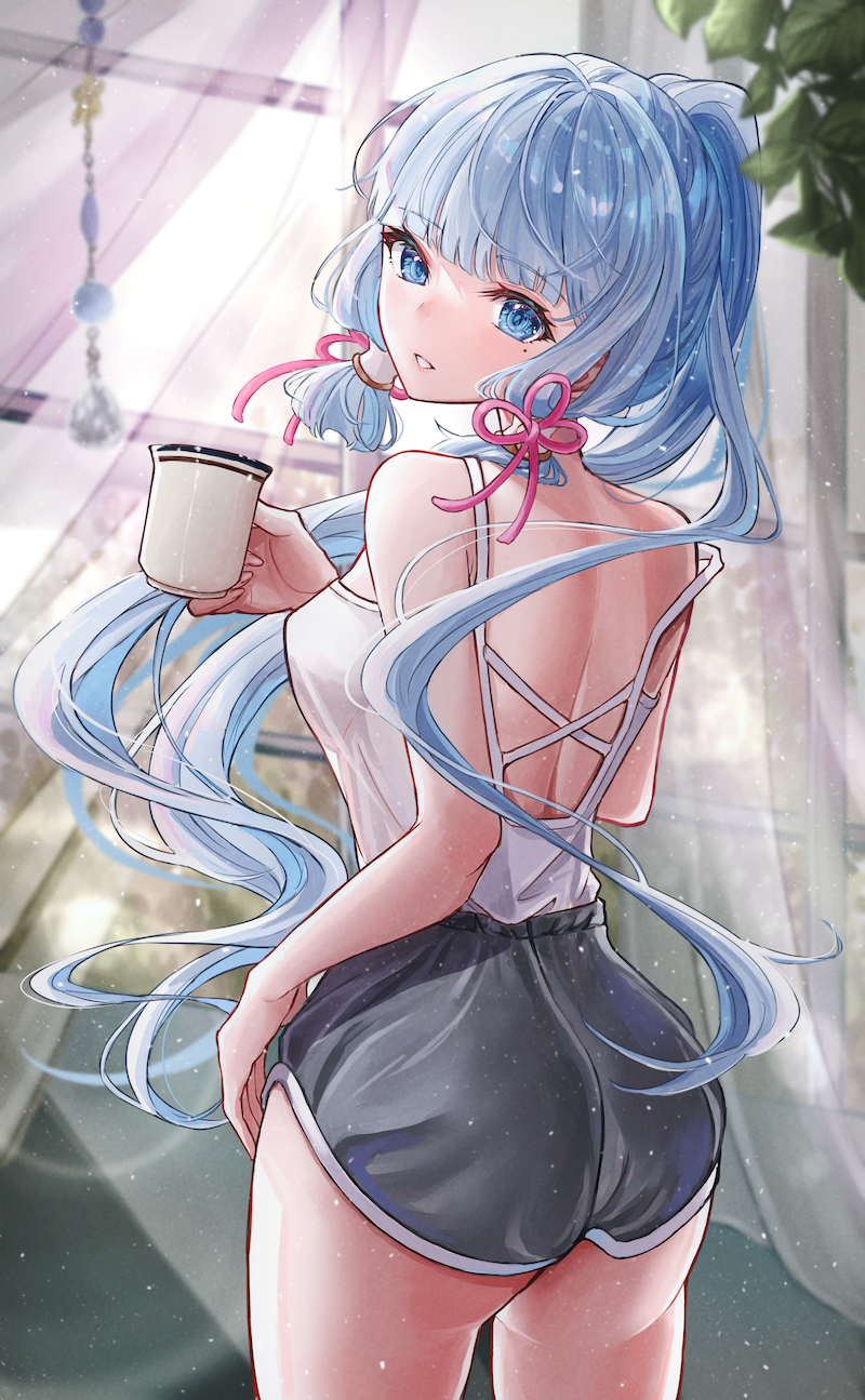 1girl, alternate_costume, ass, backless_outfit, bangs, black_shorts, blue_eyes, blunt_bangs
