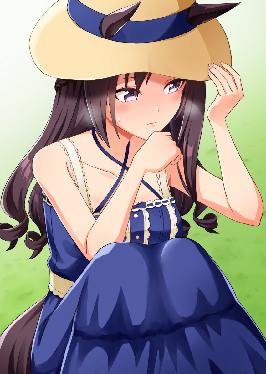 1girl, animal_ears, blue_dress, braid, breasts, brown_hair, closed_mouth, collarbone