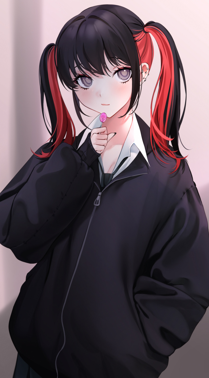 1girl, black_eyes, black_hair, black_jacket, black_necktie, blush, candy, collared_shirt