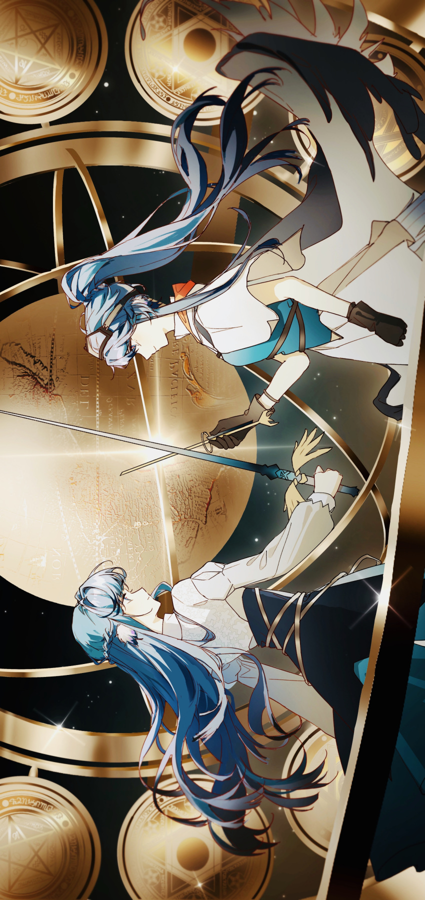 2girls, absurdres, animal_ear_fluff, arknights, armillary_sphere, astesia_(arknights), astgenne_(arknights), black_gloves