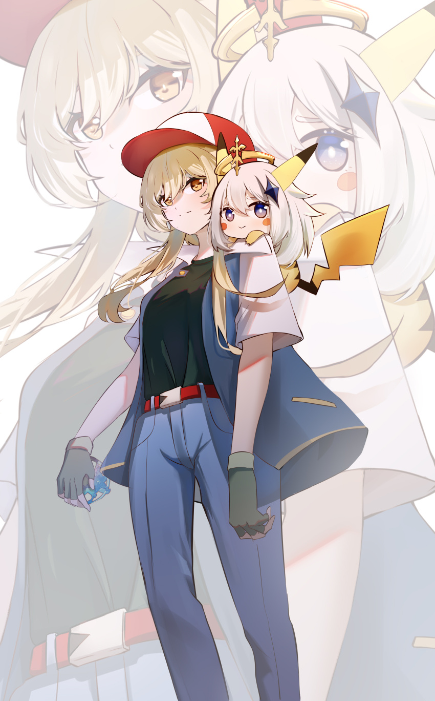 2girls, absurdres, ash_ketchum, ash_ketchum_(cosplay), bangs, baseball_cap, belt, blonde_hair, cosplay, fingerless_gloves, genshin_impact, gloves, hair_between_eyes, hat, highres, intertwined_fate, jacket, lumine_(genshin_impact), mechanical_halo, multiple_girls, paimon_(genshin_impact), pants, pikachu, pikachu_(cosplay), pikachu_costume, pikachu_ears, pikachu_tail, pokemon, pokemon_ears, pokemon_tail, qixia, red_belt, short_hair_with_long_locks, smile, tail, white_hair, zoom_layer