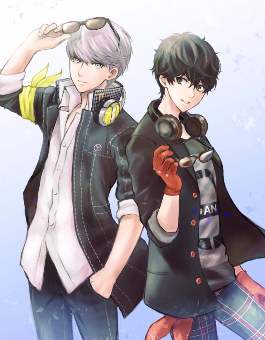 2boys, amamiya_ren, arm_up, armband, bangs, black-framed_eyewear, black_eyes, black_hair