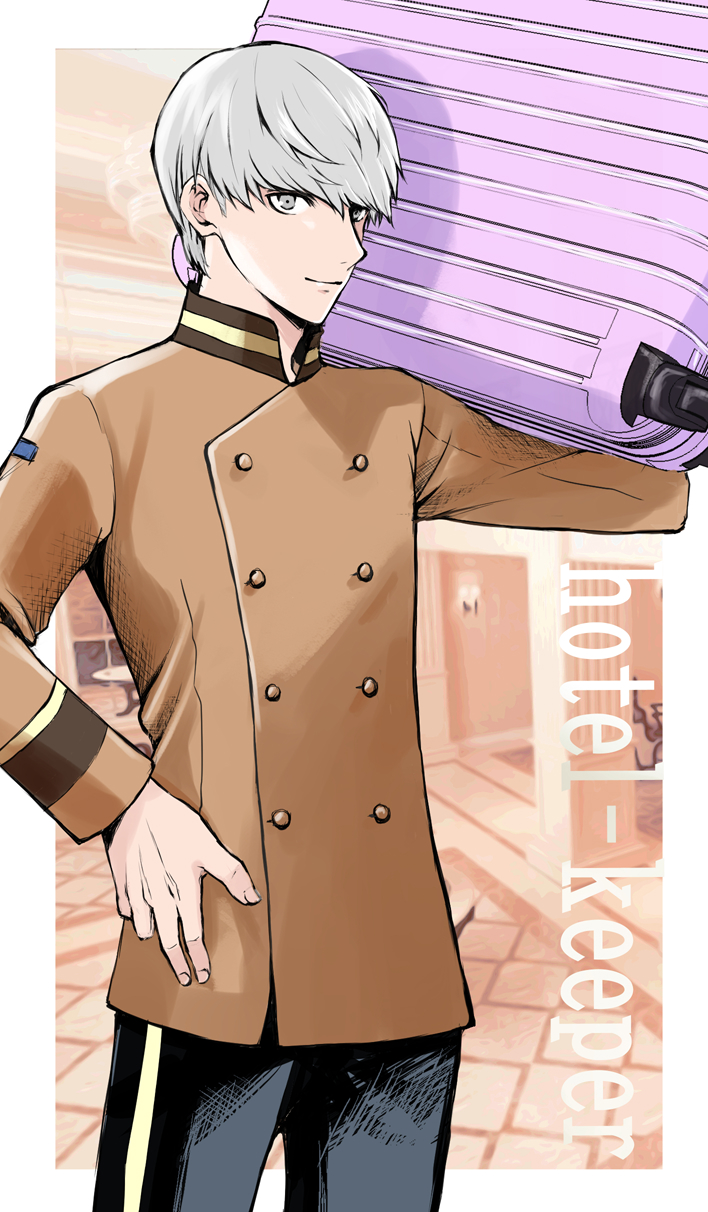 1boy, border, brown_jacket, closed_mouth, erimiyaman, grey_eyes, grey_pants, hand_on_hip