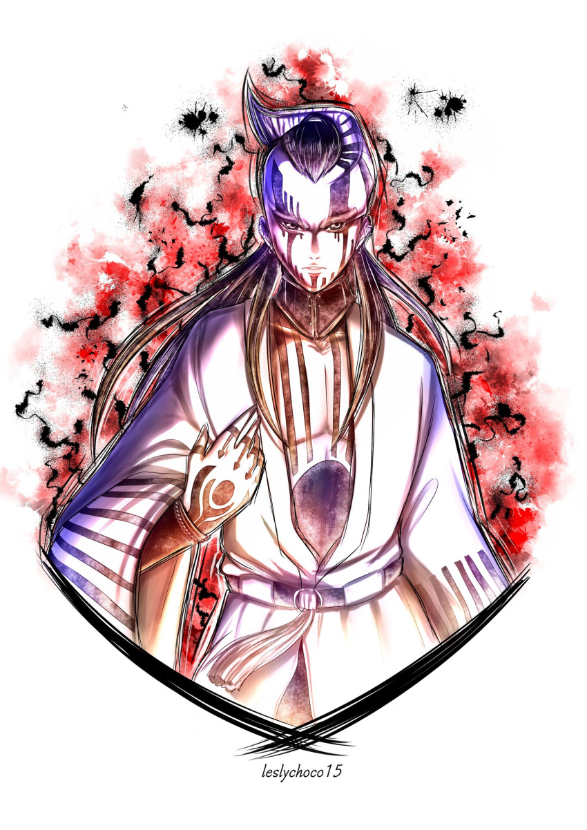 1boy, artist_name, black_hair, cowboy_shot, facial_mark, floating_hair, highres, horns, japanese_clothes, kimono, leslychoco15, long_hair, long_sleeves, looking_at_viewer, male_focus, ootsutsuki_isshiki, open_clothes, open_kimono, parted_lips, single_horn, solo, straight_hair, white_background, white_kimono, wide_sleeves