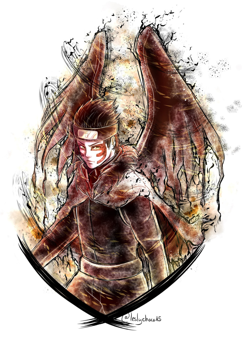 1boy, black_hair, black_jacket, black_pants, boruto:_naruto_next_generations, brown_wings, cape, cowboy_shot, cropped_legs, facial_mark, headband, highres, jacket, leslychoco15, male_focus, naruto_(series), pants, shinki_(boruto), short_hair, solo, spiky_hair, twitter_username, white_background, wings, yellow_eyes