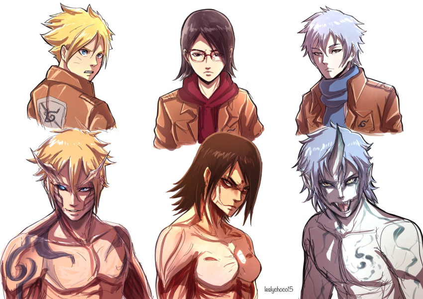 2girls, 4boys, artist_name, black_hair, black_sclera, blonde_hair, blue_eyes, blue_scarf