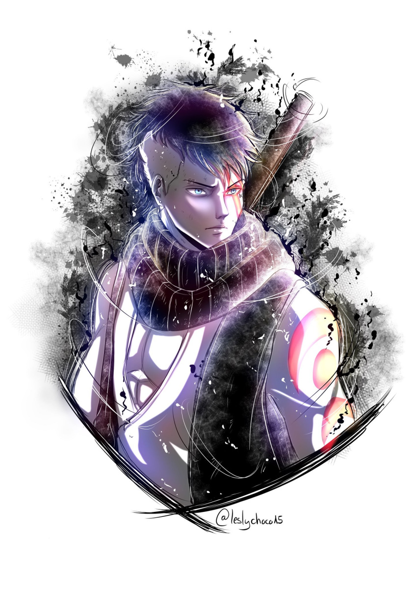 1boy, artist_name, black_hair, black_scarf, boruto:_naruto_next_generations, closed_mouth, facial_mark, green_eyes