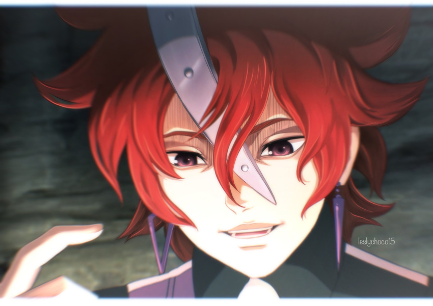 1boy, artist_name, bangs, blurry, blurry_background, boruto:_naruto_next_generations, code_(naruto), facial_mark, grey_eyes, hair_between_eyes, highres, leslychoco15, letterboxed, male_focus, naruto_(series), open_mouth, redhead, short_hair, solo