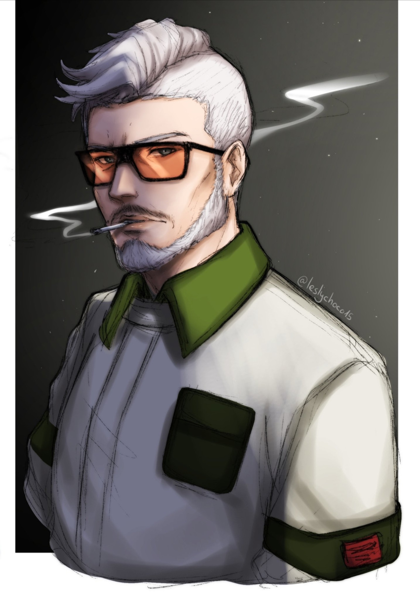 1boy, amado_(naruto), armband, beard, black-framed_eyewear, boruto:_naruto_next_generations, facial_hair, highres, jacket, leslychoco15, looking_at_viewer, male_focus, mustache, naruto_(series), orange-tinted_eyewear, outside_border, sketch, smoke, smoking, solo, tinted_eyewear, twitter_username, upper_body, white_hair, white_jacket, wing_collar