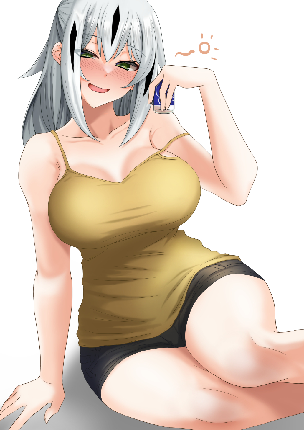1girl, blush, breasts, camisole, casual, drunk, fate/grand_order, fate_(series), green_eyes, half-closed_eyes, highres, large_breasts, long_hair, nagao_kagetora_(fate), sawatarou_(roto), shorts, strap_slip, white_hair, yellow_camisole