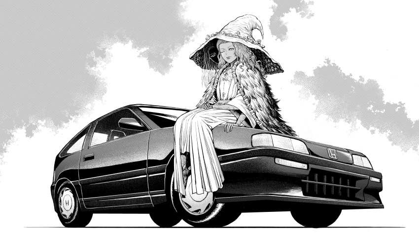 car, closed_mouth, commentary, dress, elden_ring, english_commentary, extra_arms, extra_eyes, fur_coat, greyscale, ground_vehicle, hat, highres, honda_cr-x, looking_at_viewer, making-of_available, monochrome, motor_vehicle, one_eye_closed, ranni_the_witch, sitting, witch_hat, y_naf
