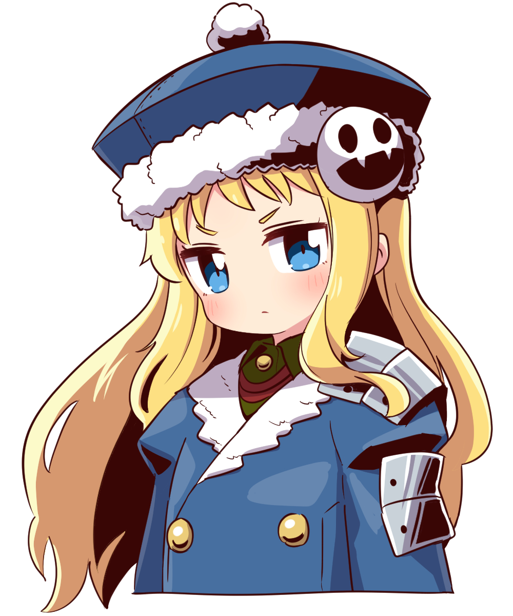 1girl, bangs, blonde_hair, blue_eyes, blue_headwear, blue_jacket, blush, closed_mouth