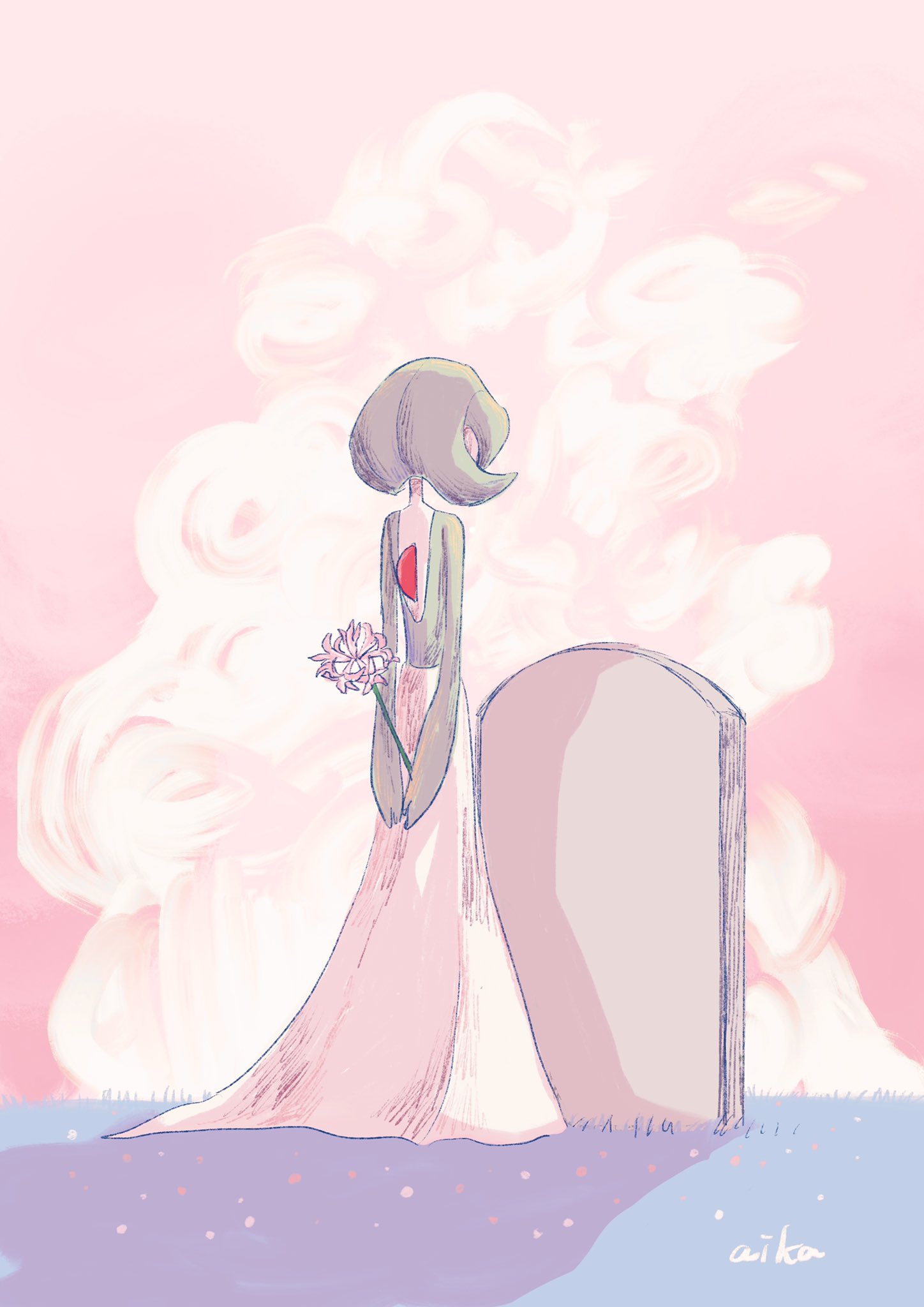 1girl, arms_behind_back, artist_name, back, backlighting, bob_cut, clouds, colored_skin, commentary_request, day, flower, from_behind, full_body, gardevoir, grass, green_hair, green_skin, highres, holding, holding_flower, multicolored_skin, otonoha_aika, outdoors, pink_flower, pink_sky, pokemon, pokemon_(creature), short_hair, signature, solo, standing, tombstone, two-tone_skin, white_skin