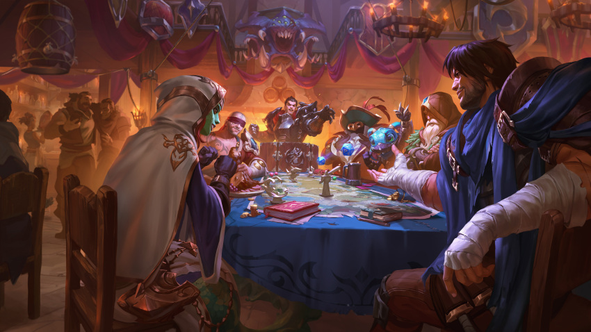 absurdres, alcohol, alternate_costume, arm_up, armor, bag, bald, bandaged_arm