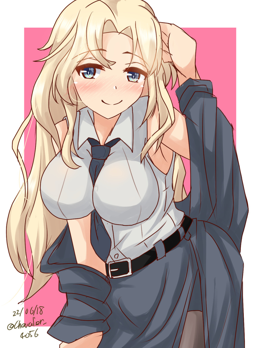 1girl, belt, blonde_hair, blue_eyes, blush, breasts, dated, highres