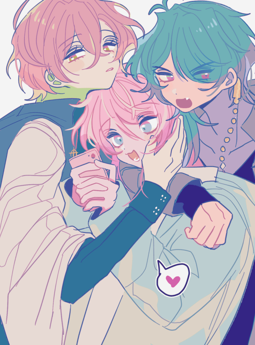 3boys, amemura_ramuda, arisugawa_dice, bangs, blue_eyes, blue_hair, cellphone, eyes_visible_through_hair