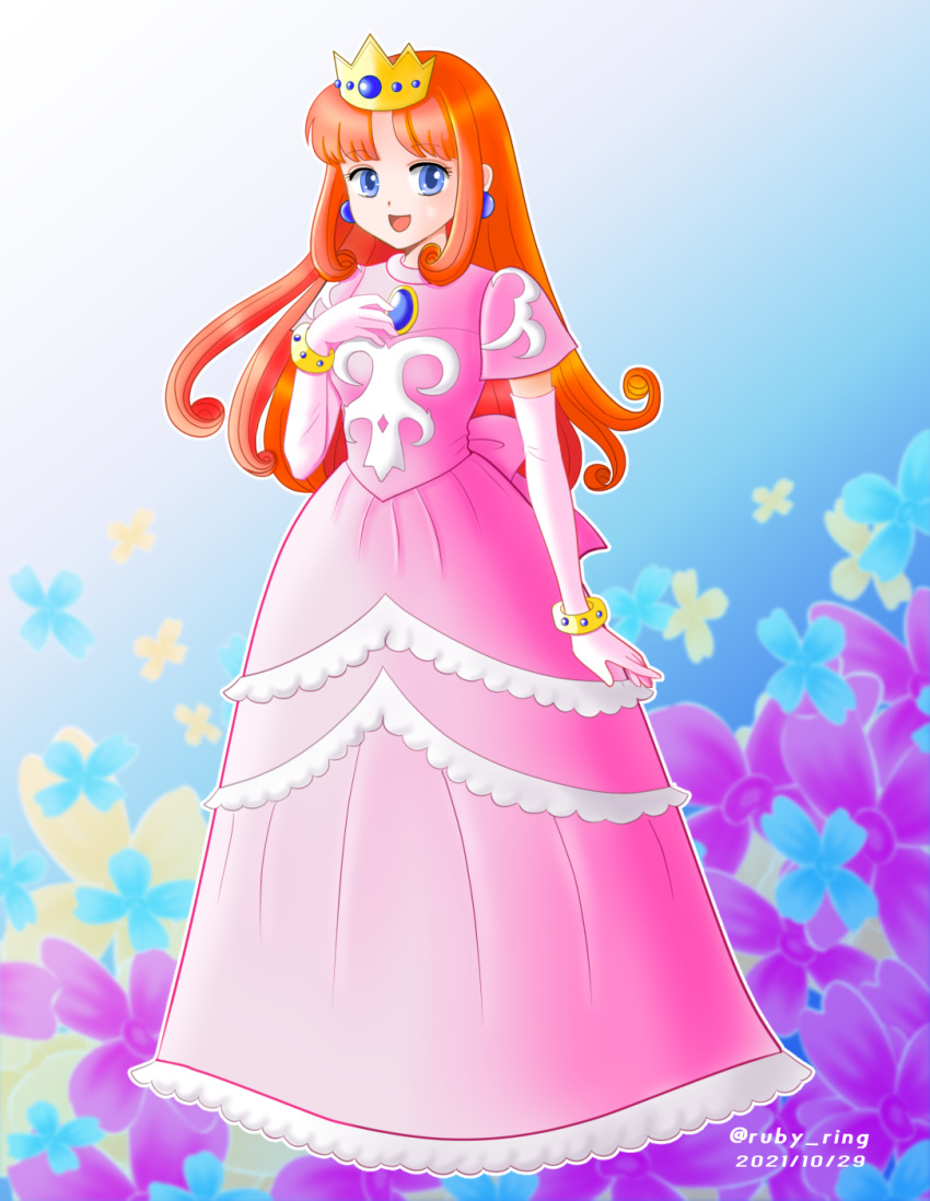 blue_eyes, bracelet, crown, dress, gloves, highres, jewelry, long_hair, open_mouth, orange_hair, pink_dress, pink_gloves, shokora-hime, smile, wario_land, wario_land_4