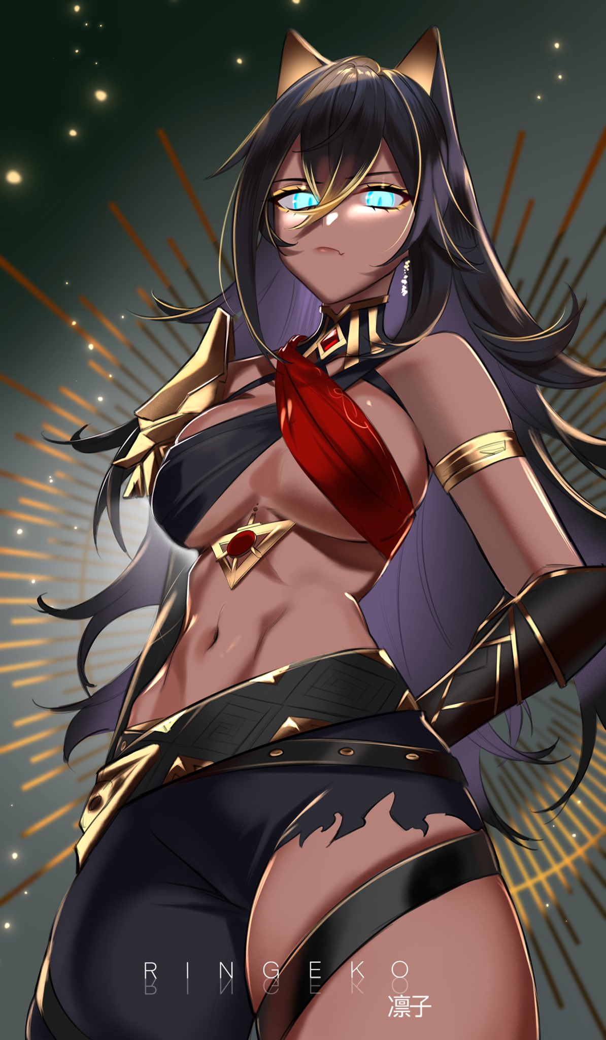 1girl, animal_ears, bad_link, black_hair, cat_ears, dehya_(genshin_impact), genshin_impact, highres