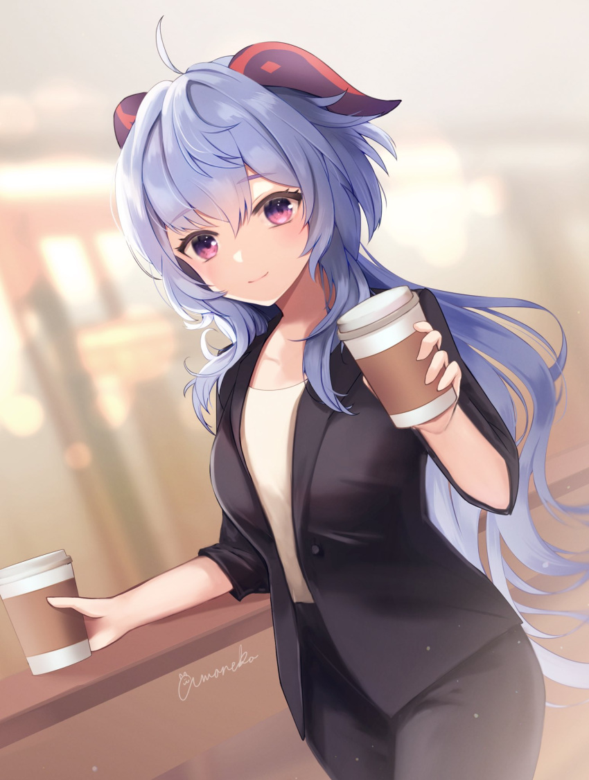 1girl, ahoge, amaneko_(amaneko_y), bangs, black_skirt, blue_hair, blush, business_suit