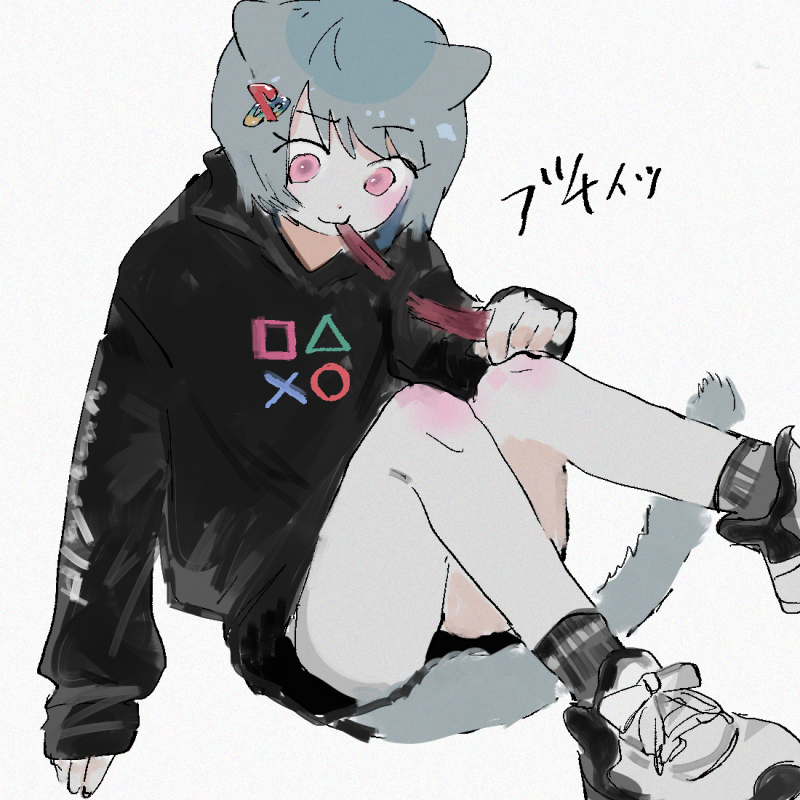 1girl, animal_ears, ankle_socks, bangs, blue_hair, cat_ears, cat_girl, cat_tail, eating, food, game_console, hair_ornament, hairclip, holding, holding_food, hood, hood_down, hoodie, jerky, knees_up, original, pink_eyes, playstation, print_hoodie, sahau228, shoes, short_hair, shorts, sitting, sneakers, socks, solo, sony, swept_bangs, tail