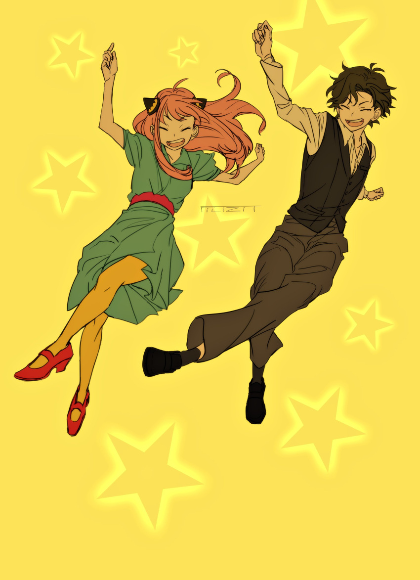 1boy, 1girl, absurdres, ahoge, anya_(spy_x_family), ariadusts, arm_up, arms_up