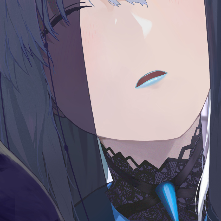 1girl, absurdres, black_bow, blue_lips, blush, bow, braid, center_opening