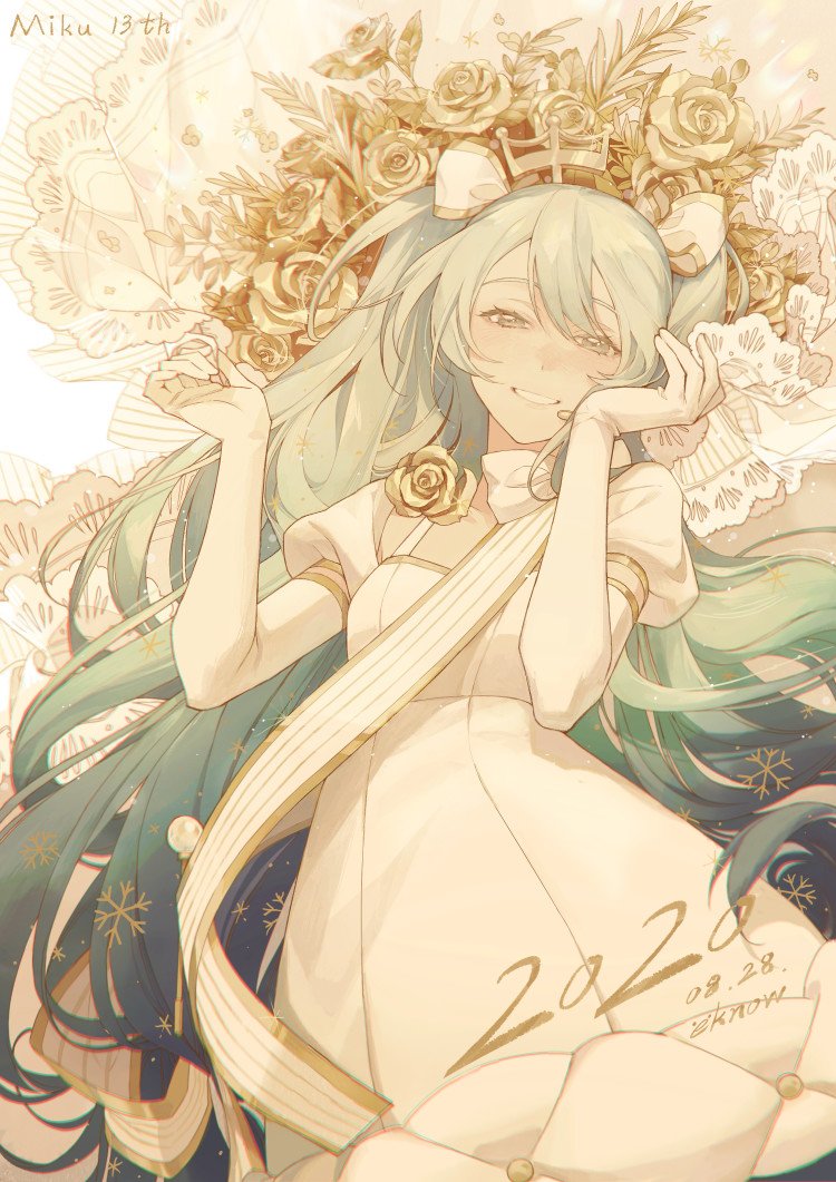 1girl, 2020, bangs, blush, borrowed_design, bouquet, bow, breasts, character_name, crown, dated, dress, eknow, elbow_gloves, flower, gloves, green_hair, hair_bow, half-closed_eyes, hands_up, hatsune_miku, long_hair, mini_crown, puffy_short_sleeves, puffy_sleeves, rose, sash, short_sleeves, shoulder_sash, smile, snowflakes, solo, very_long_hair, vocaloid, white_background, white_bow, white_dress, white_gloves, yellow_flower, yellow_rose, yuki_miku