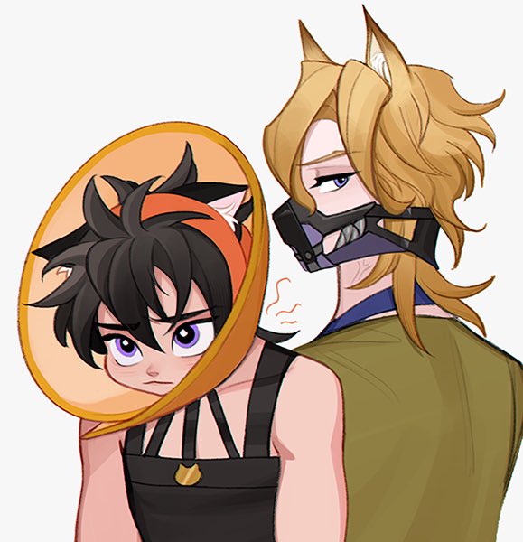 :3, anger_vein, animal_ear_fluff, animal_ears, bangs, black_hair, cat_ears, cat_ornament, covered_mouth, ears_down, facing_down, from_behind, ginmu, headband, jojo_no_kimyou_na_bouken, long_hair, looking_back, looking_up, messy_hair, muzzle, narancia_ghirga, narrowed_eyes, necktie, pannacotta_fugo, parted_bangs, pet_cone, sharp_teeth, tank_top, teeth, thick_eyebrows, v-shaped_eyebrows, vento_aureo, violet_eyes