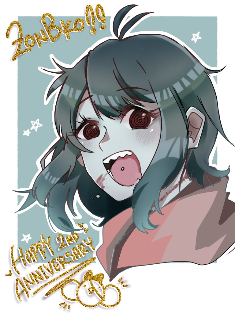 1girl, :d, ahoge, anniversary, bangs, blood, blood_on_face, blush