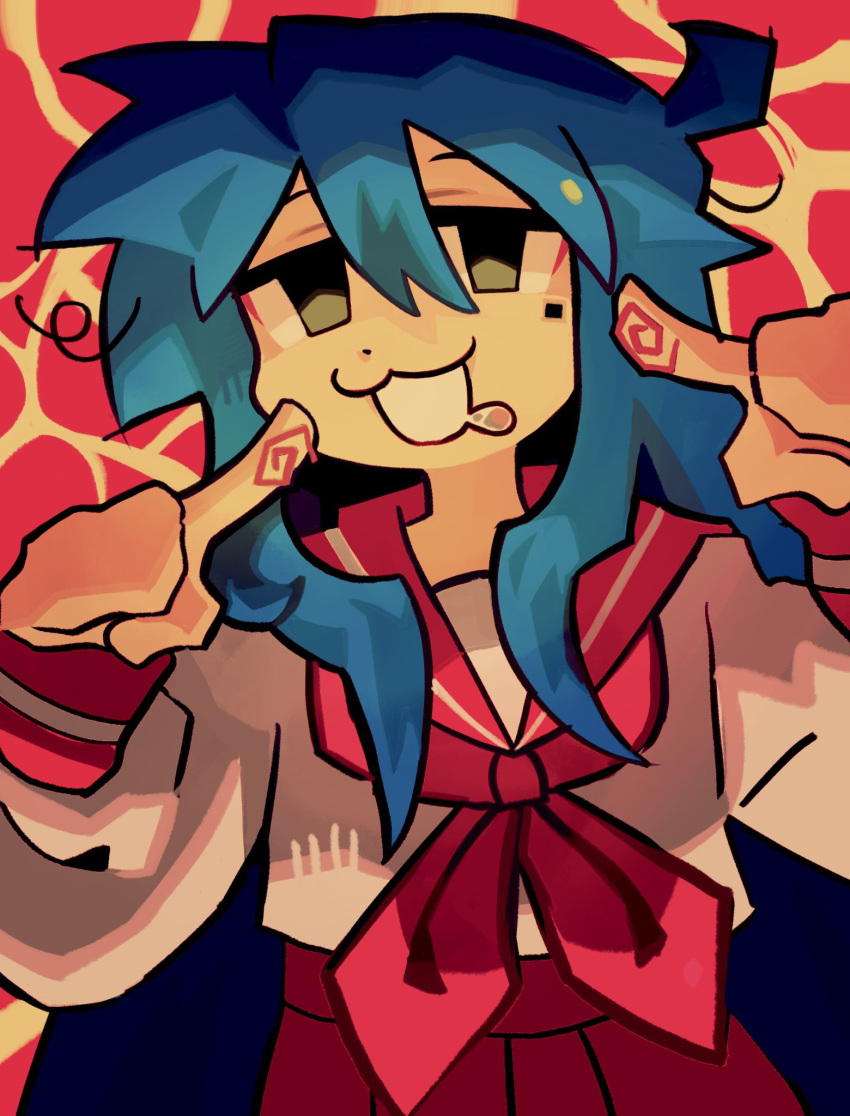 1girl, :3, bajinns, bangs, blue_hair, drooling, green_eyes, hair_between_eyes