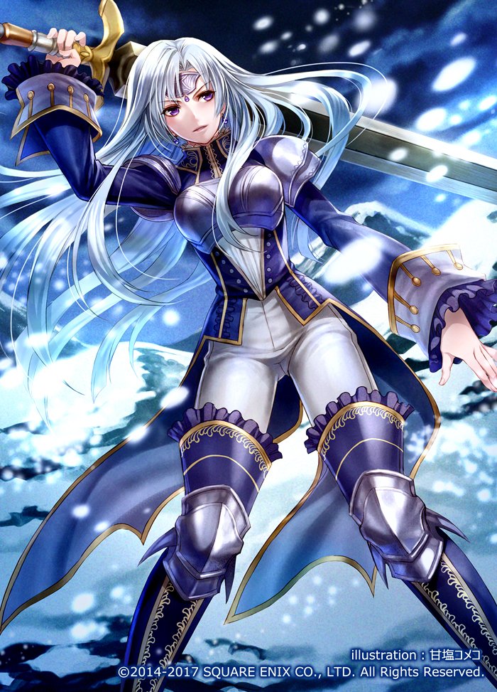 1girl, amazio_komeko, armor, boots, breastplate, circlet, dated, greatsword