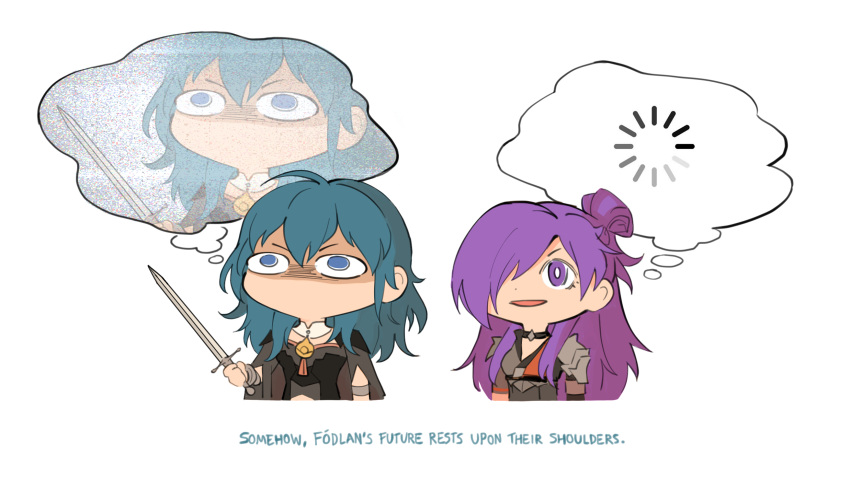 2girls, armor, asymmetrical_clothes, bangs, blue_eyes, blush, breasts, byleth_(fire_emblem)