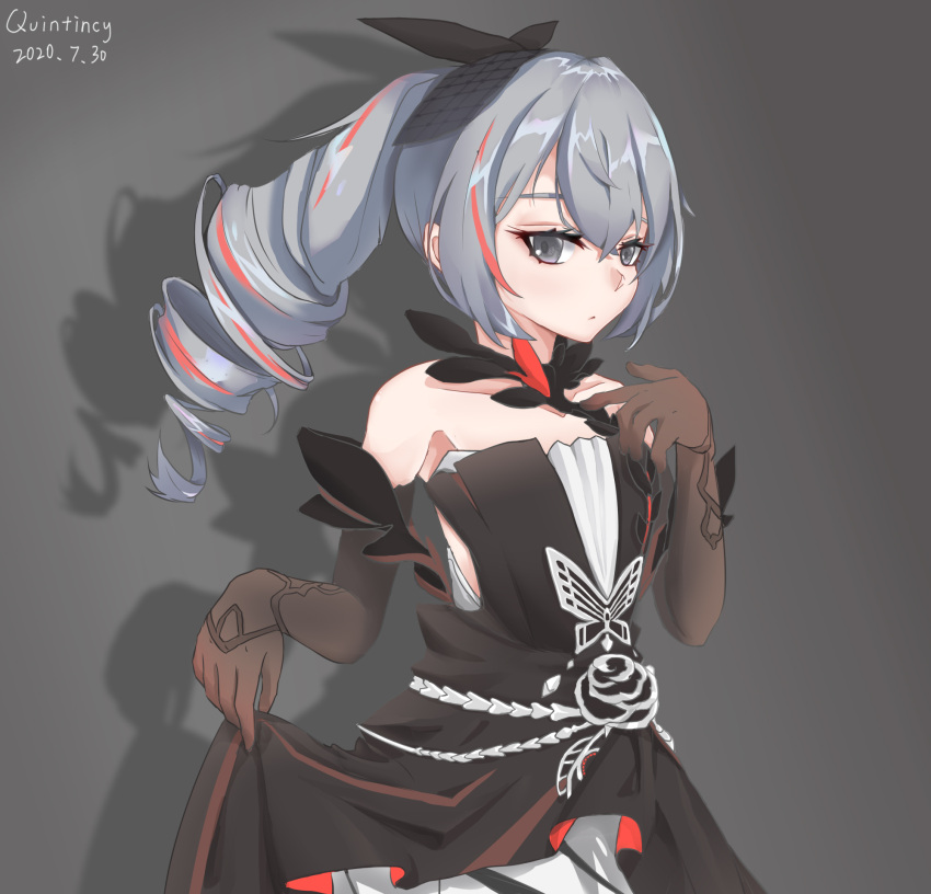 1girl, 2020, artist_name, bangs, bare_shoulders, black_dress, black_gloves, bronya_zaychik