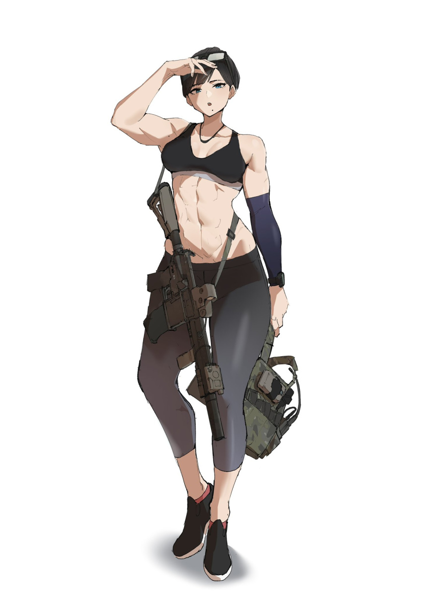 1girl, abs, airsoft, ar-15, assault_rifle, backpack, bag, black_hair