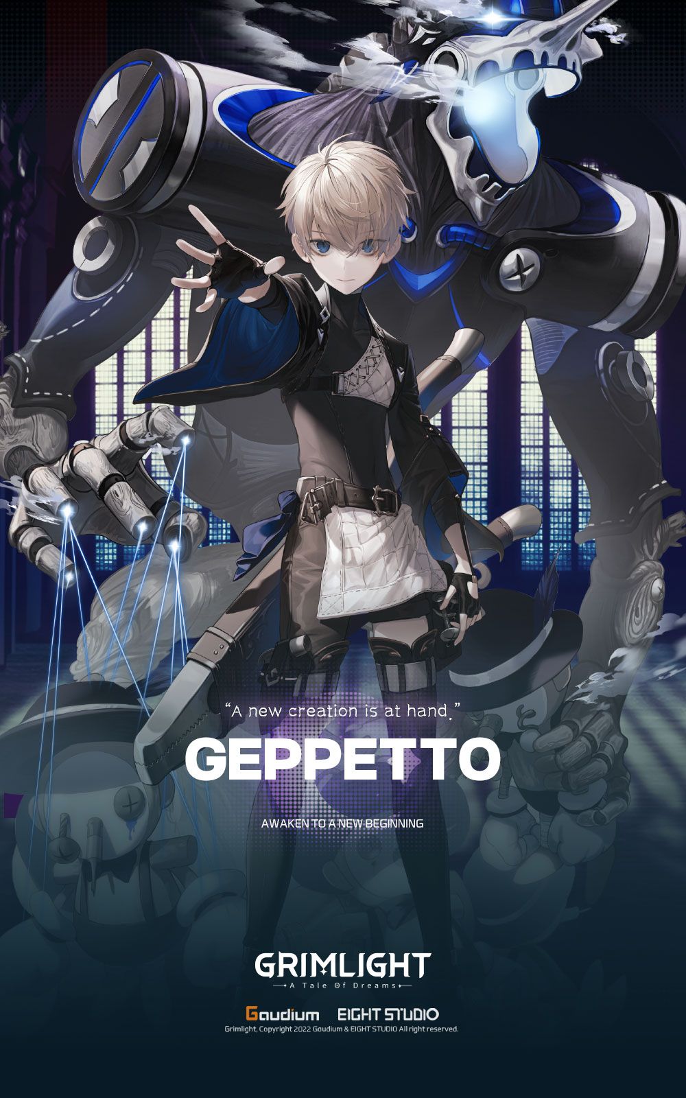 1boy, artist_request, asymmetrical_legwear, blonde_hair, blue_eyes, fingerless_gloves, floating, floating_object, floating_weapon, full_body, geppeto_(grimlight), gloves, grimlight, highres, looking_at_viewer, male_focus, official_art, outstretched_hand, short_hair, solo, thigh-highs, thigh_strap, weapon