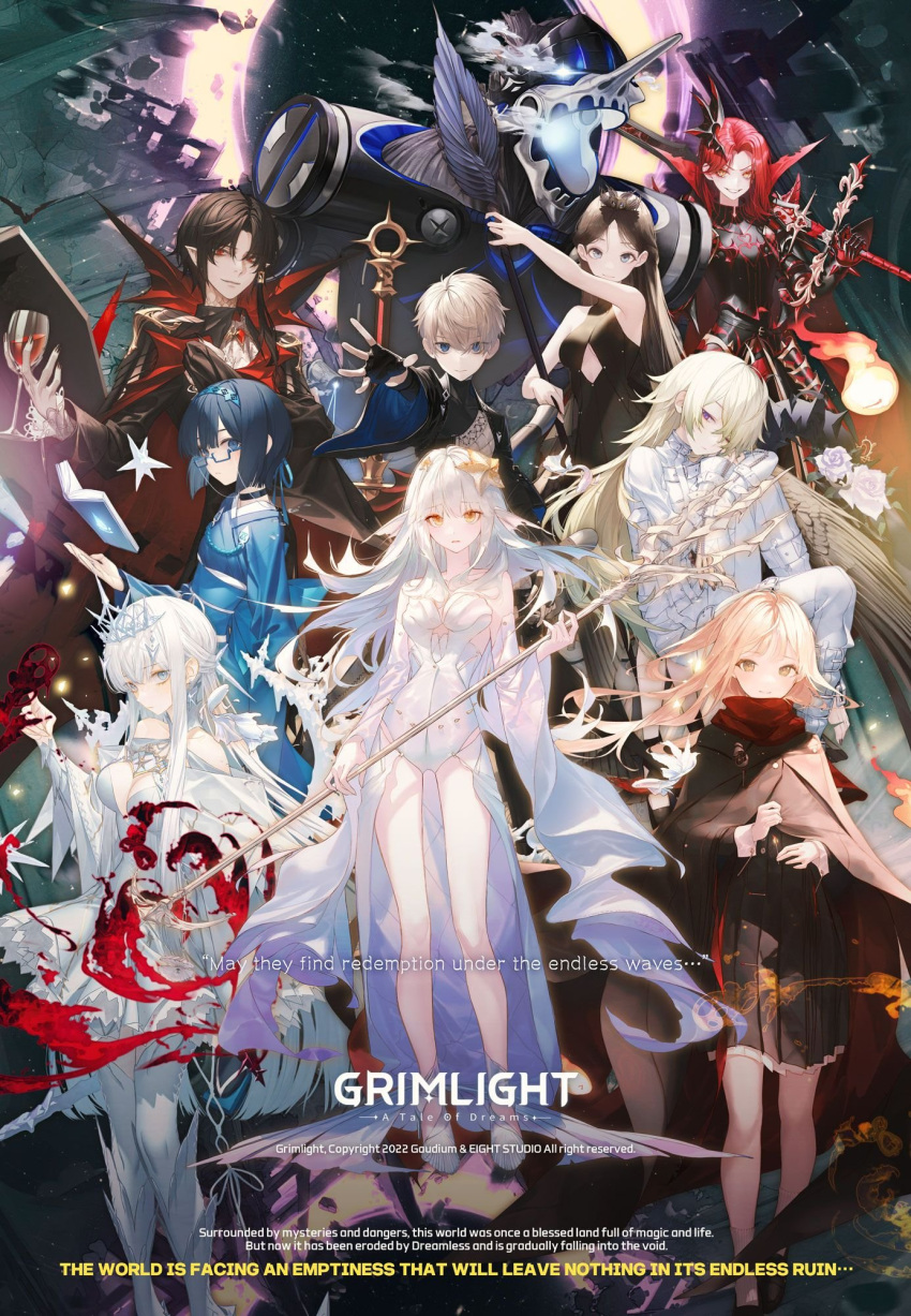 2boys, 6+girls, artist_request, briar_rose_(grimlight), character_request, dracula_(grimlight), full_body, game_cg, geppeto_(grimlight), glasses, grimlight, highres, little_match_girl_(grimlight), little_mermaid_(grimlight), long_hair, looking_at_viewer, multiple_boys, multiple_girls, official_art, red_knight_(grimlight), short_hair, winter_queen_(grimlight)