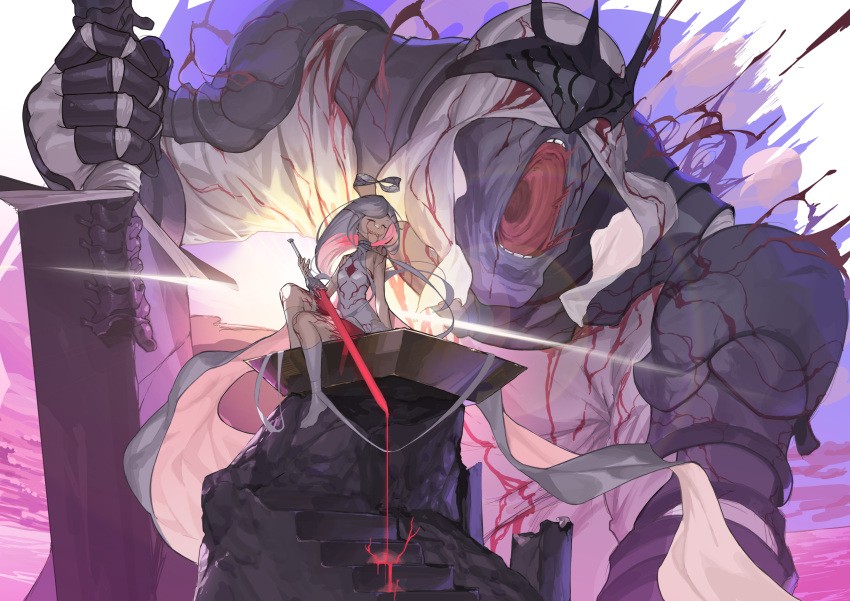 1girl, absurdres, armor, bare_shoulders, blood, blood_from_eyes, blood_on_clothes, blood_sword