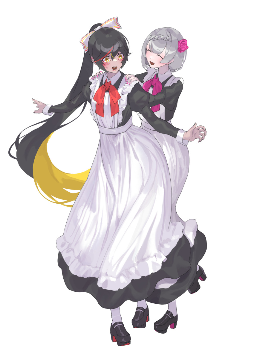 2girls, absurdres, alternate_costume, black_footwear, black_nails, blonde_hair, blush, bow, braid, bright_pupils, closed_eyes, fingernails, flower, frills, genshin_impact, hair_between_eyes, hair_bow, hair_flower, hair_ornament, hands_on_another's_shoulders, high_heels, highres, johnny-chan, leg_up, long_hair, maid, multicolored_hair, multiple_girls, noelle_(genshin_impact), open_mouth, pink_bow, pink_flower, pink_nails, ponytail, red_bow, redhead, short_hair, simple_background, smile, streaked_hair, sweat, teeth, very_long_hair, white_background, white_bow, white_pupils, xinyan_(genshin_impact), yellow_eyes