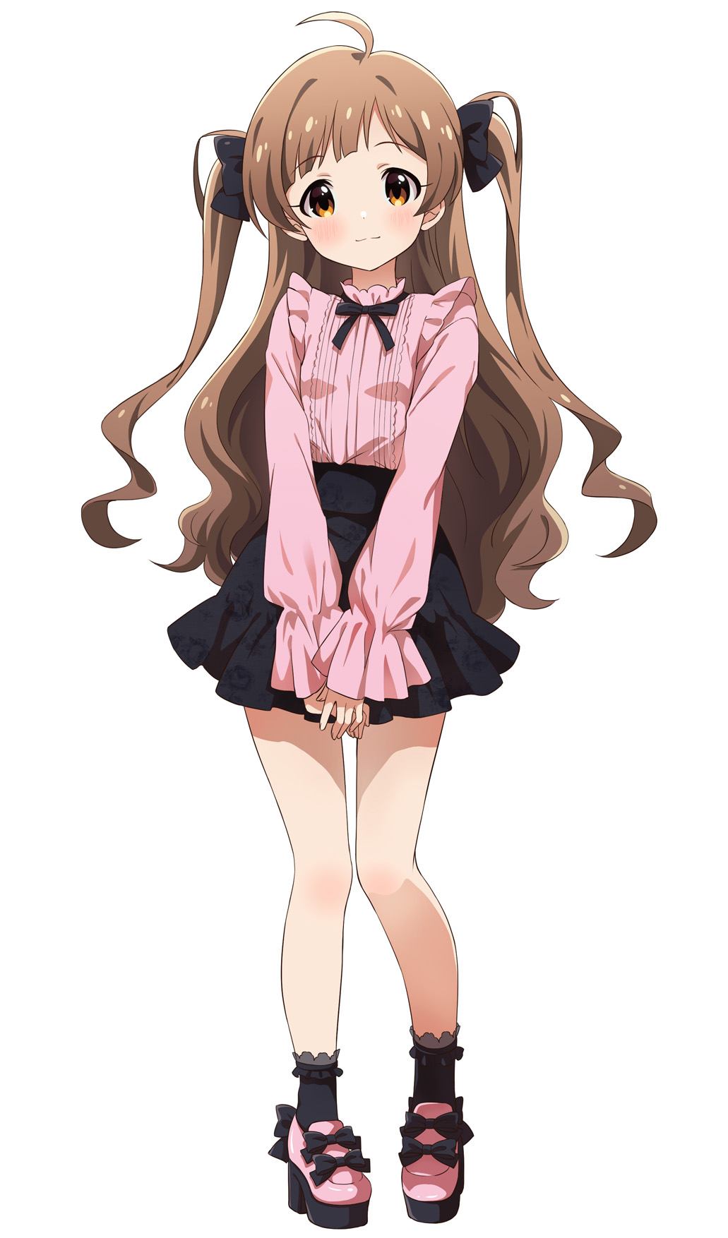 1girl, ahoge, black_bow, black_bowtie, black_legwear, black_ribbon, black_skirt, blush, bow, bowtie, brown_eyes, brown_hair, child, commentary_request, dot_nose, eyes_visible_through_hair, flat_chest, footwear_bow, frilled_legwear, frilled_shirt, frilled_shirt_collar, frilled_skirt, frilled_sleeves, frills, full_body, goma_konbu, hair_ribbon, hakozaki_serika, highres, idolmaster, idolmaster_million_live!, legs, long_hair, long_sleeves, looking_at_viewer, own_hands_together, pink_footwear, pink_shirt, ribbon, shirt, skirt, smile, socks, solo, standing, thighs, twintails, white_background