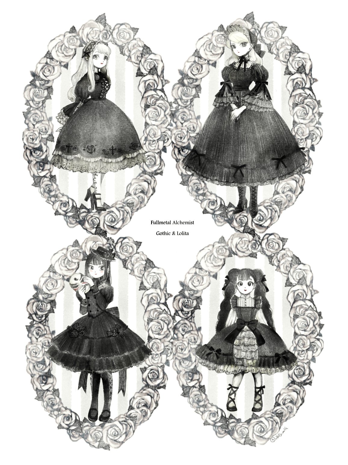 4girls, alternate_costume, alternate_hairstyle, ankle_lace-up, arms_behind_back, bangs, blush, bonnet, boots, bow, braid, breasts, chin_strap, copyright_name, cross-laced_clothes, cross-laced_footwear, cross_print, dress, dress_bow, flower, frills, fullmetal_alchemist, gothic_lolita, hair_ribbon, hairband, hands_up, hat, high_heels, highres, holding, holding_mask, jellymlk, juliet_sleeves, lace-up_boots, lan_fan, lolita_fashion, lolita_hairband, long_hair, long_sleeves, looking_at_viewer, mask, mask_removed, may_chang, monochrome, multiple_girls, own_hands_together, pantyhose, print_legwear, puffy_sleeves, red_lips, ribbon, riza_hawkeye, shoes, sidelocks, smile, spot_color, standing, swept_bangs, twin_braids, twintails, wide_sleeves, winry_rockbell
