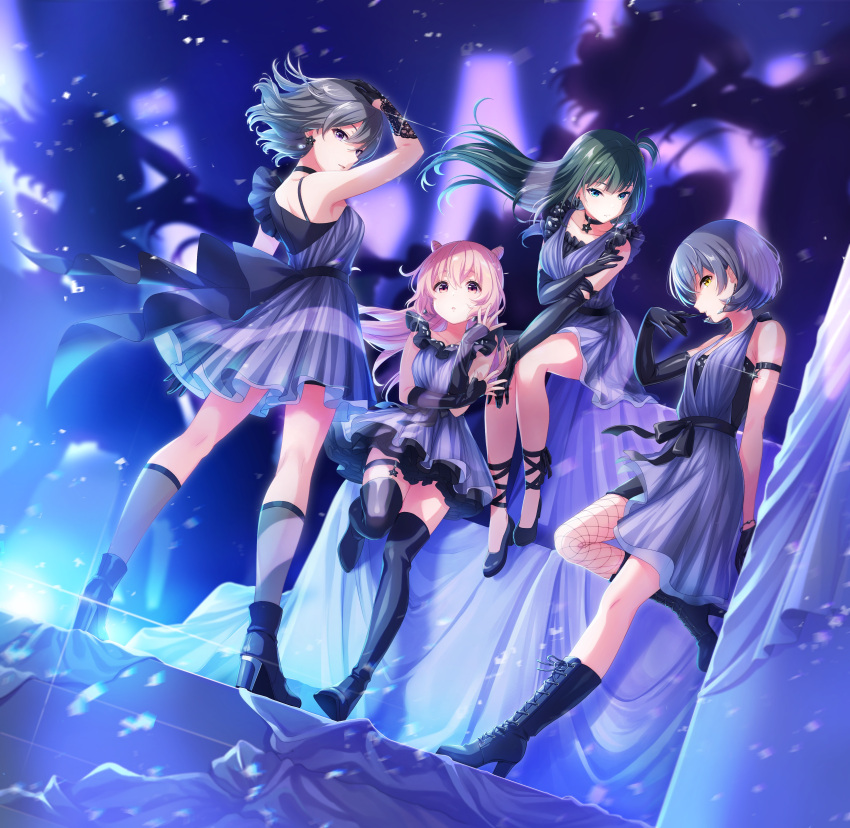 4girls, absurdres, akazaki_kokoro, bangs, black_hair, blue_eyes, closed_mouth, green_hair, grey_hair, hair_bun, highres, idoly_pride, igawa_aoi, kanzaki_rio, komiyama_ai, liznoir, long_hair, looking_at_viewer, multiple_girls, open_mouth, pink_hair, qp:flapper, short_hair, twintails, violet_eyes, yellow_eyes