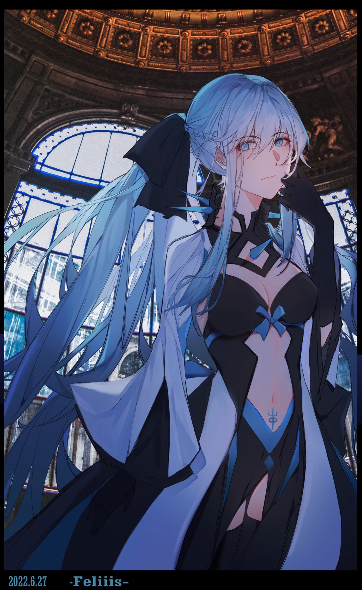 1girl, bangs, black_bow, black_gloves, black_legwear, blue_eyes, blue_ribbon, bow