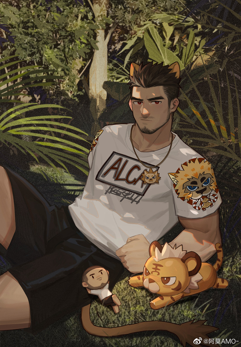 1boy, alca, amo_(amo9612), animal_ears, beard, black_hair, branch, chibi, extra_ears, facial_hair, forest, gyee, highres, jewelry, leaf, lion_ears, lion_tail, looking_at_viewer, lying, male_focus, manly, mature_male, nature, necklace, on_back, original, outdoors, red_eyes, shirt, short_hair, shorts, spiky_hair, t-shirt, tail, tiger, tree