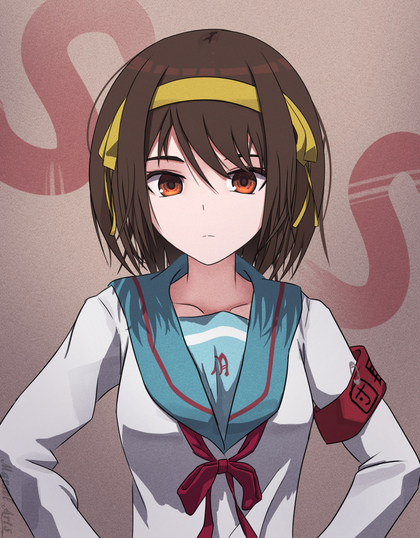 1girl, absurdres, armband, artist_name, bangs, blue_sailor_collar, brown_eyes, brown_hair