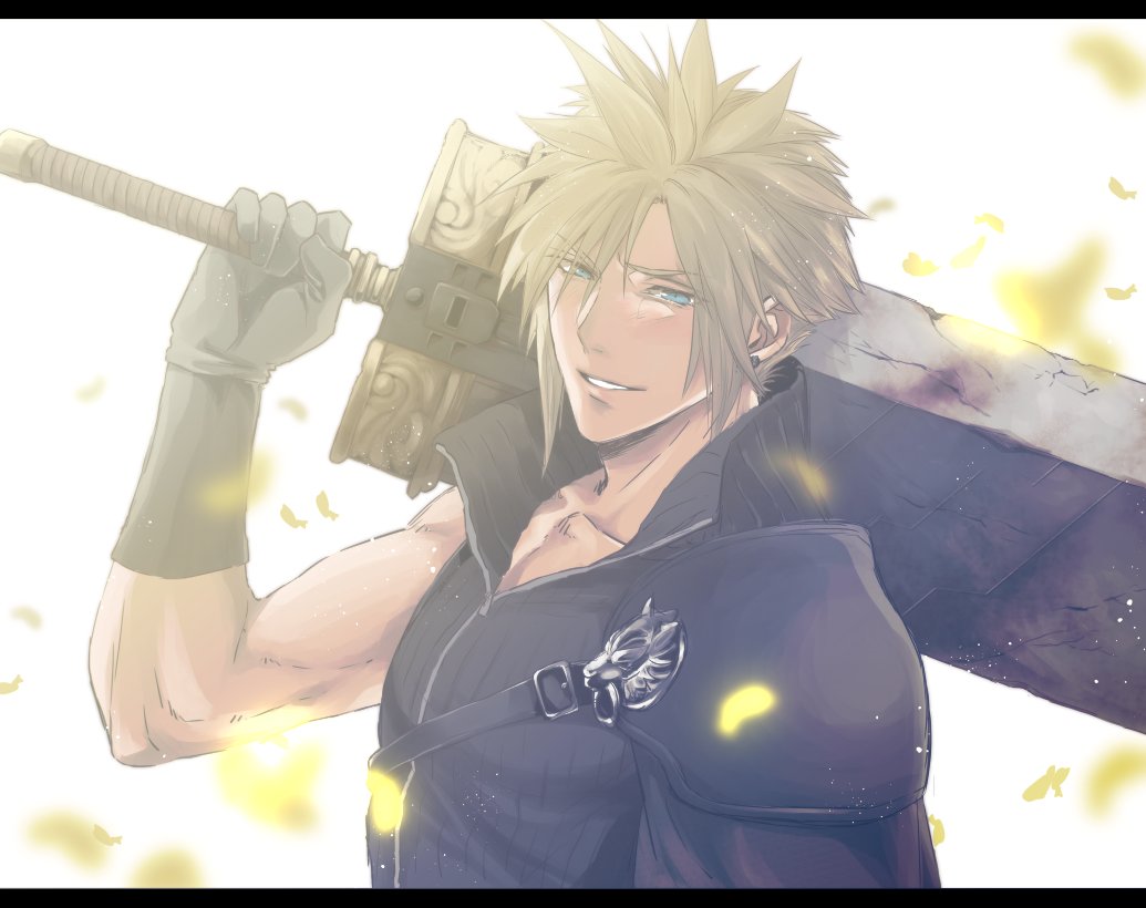 1boy, armor, black_shirt, blonde_hair, blue_eyes, buster_sword, chest_strap, cloud_strife