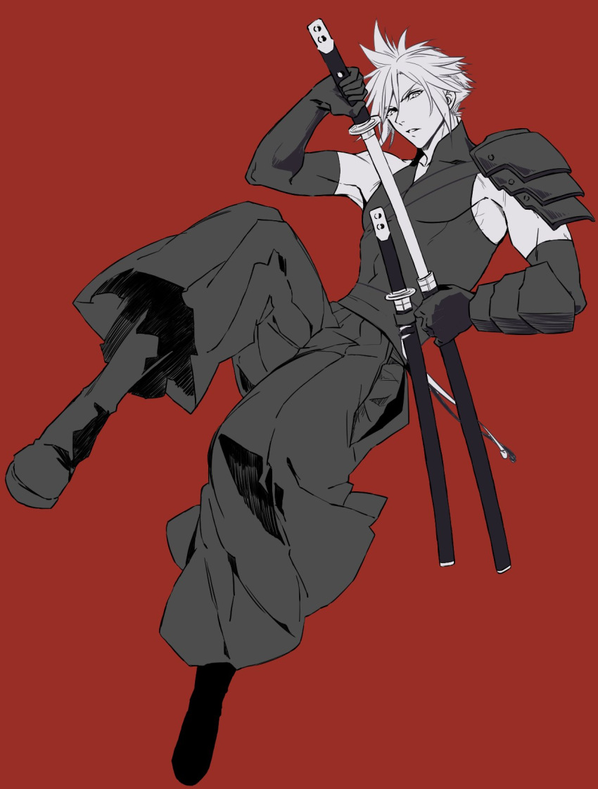 1boy, armor, black_footwear, black_gloves, black_pants, black_shirt, boots, cloud_strife